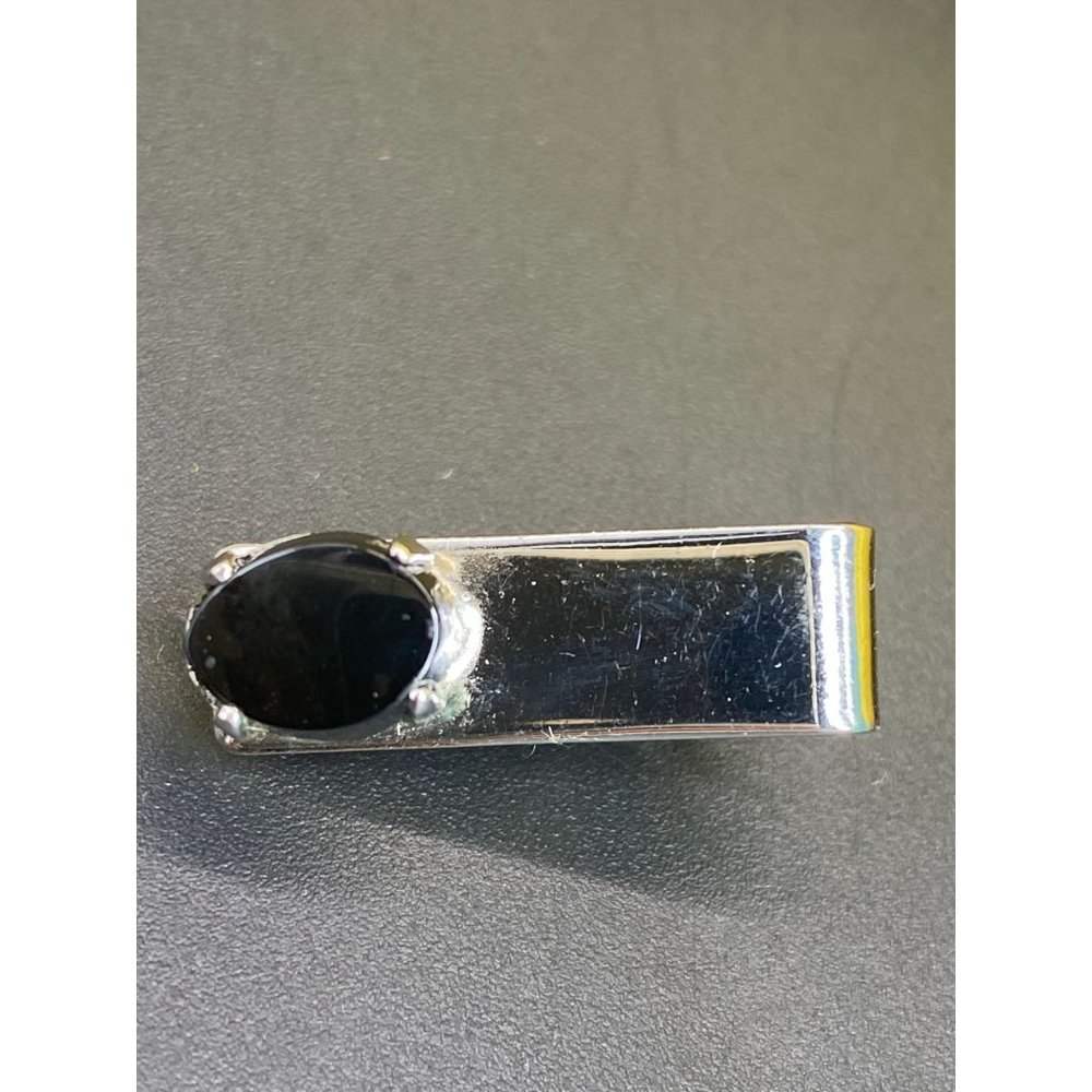 Vintage Black Stone Silver Tone Tie Clip Tack Bar Small 3/4"